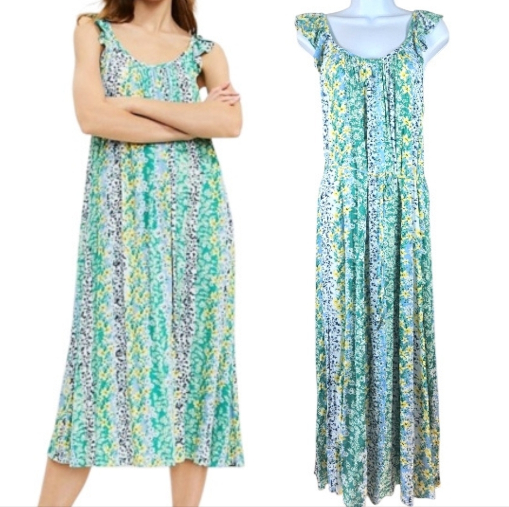 NWOT Loft green blue yellow floral ruffle midi dress Womens Medium